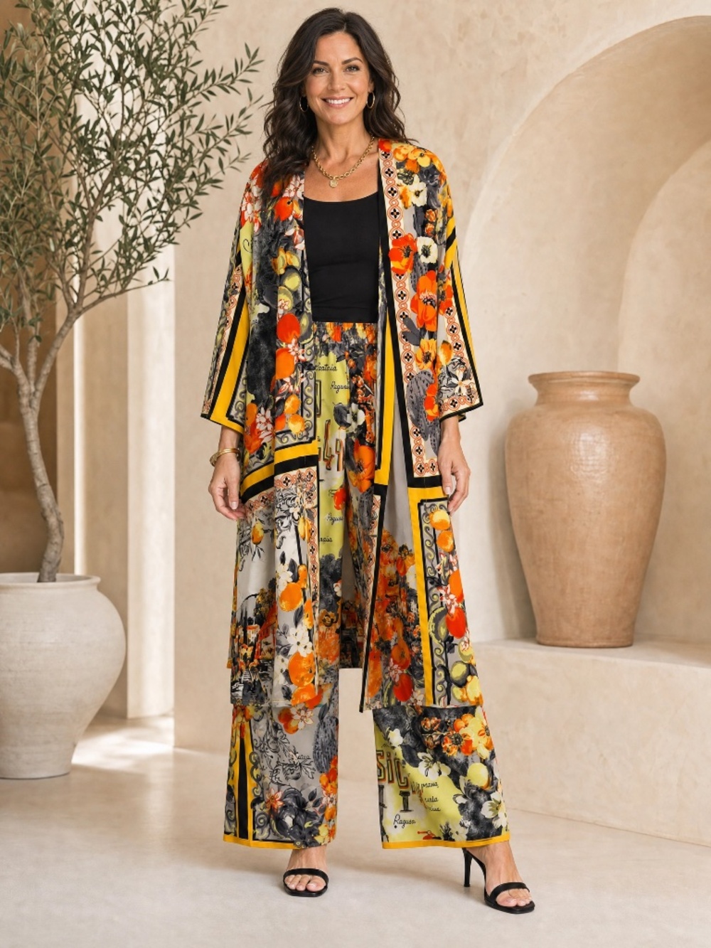David Meister Sicily Print 2-Piece Resort Set M/L Topper & L Wide Leg Pants NWOT